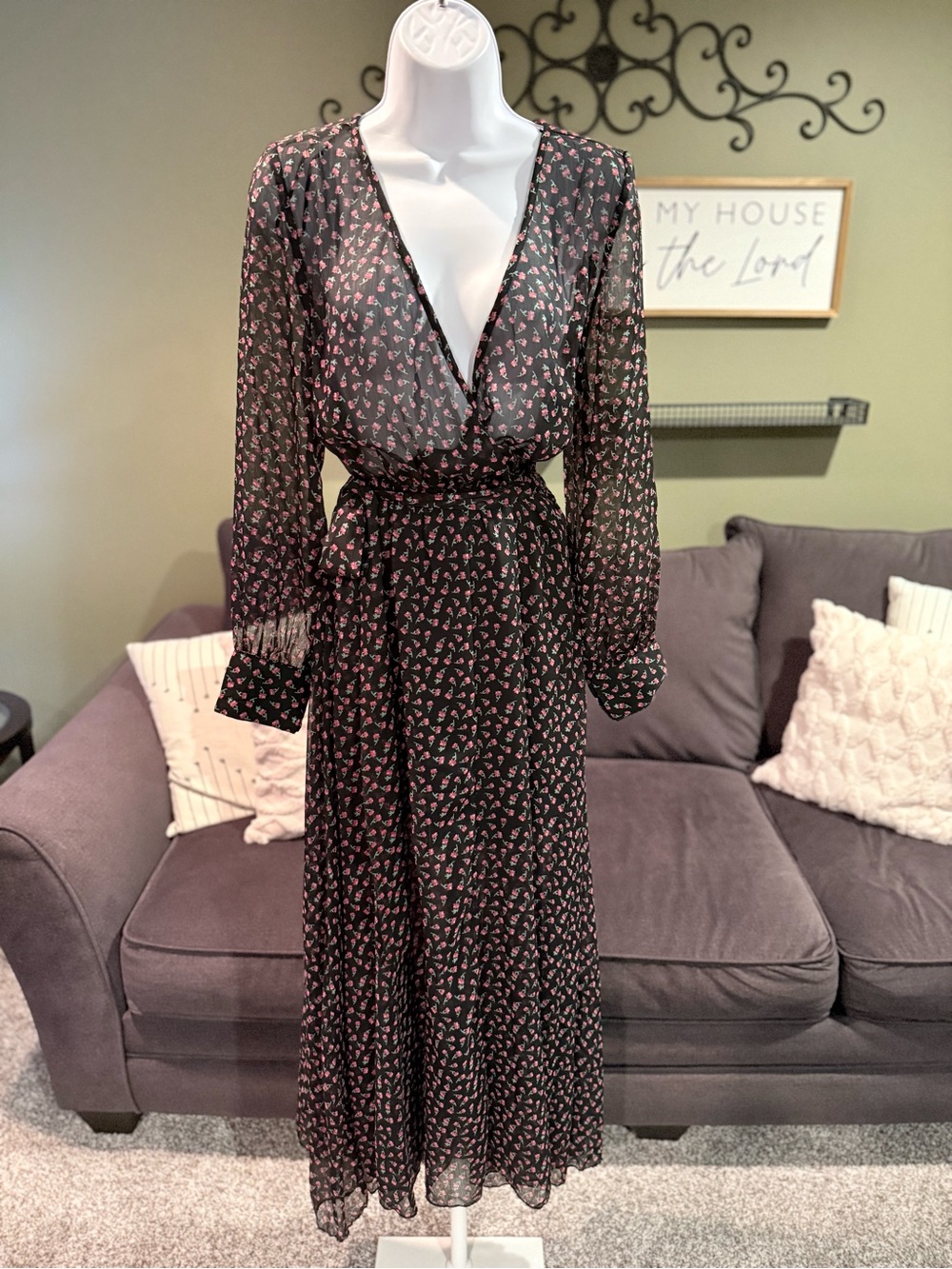 Black Long Sleeve Floral Wrap Maxi Dress with Pink Petal Print